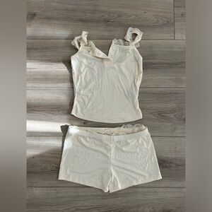 Cream Lace Trim Tank Top and Shorts Set